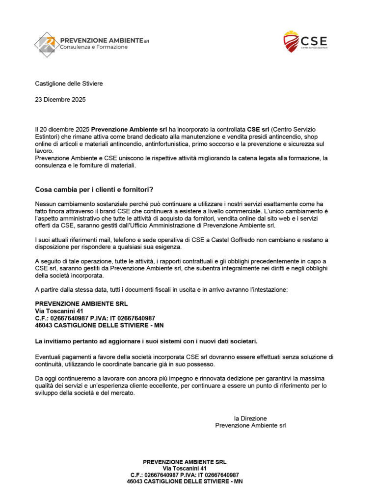 Comunicato Prevenzione Ambiente srl Prevenzione Ambiente srl, incorpora CSE srl